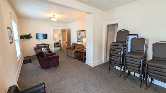 carpeted living room with a textured ceiling