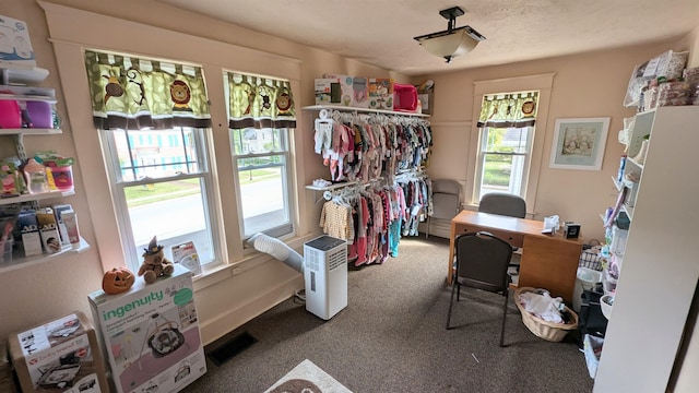 home office with carpet and a textured ceiling