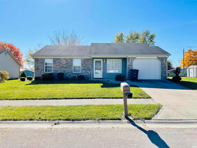 ranch-style house with a garage and a front lawn