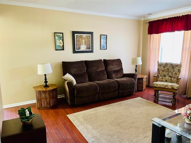 living room featuring dark wood-type flooring and crown molding