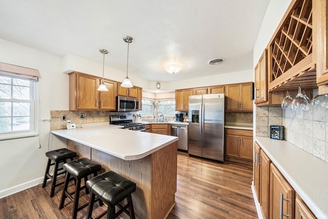 kitchen featuring kitchen peninsula, stainless steel appliances, a wealth of natural light, and pendant lighting