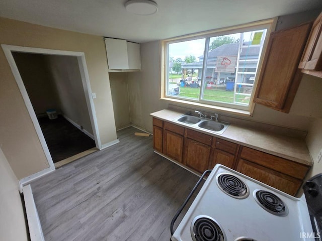 kitchen featuring light hardwood / wood-style flooring, sink, and white range with electric stovetop