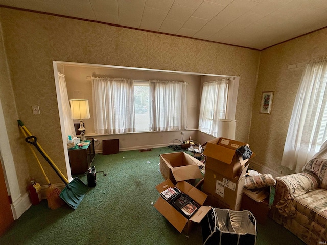 interior space featuring crown molding and carpet flooring