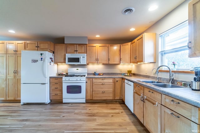 kitchen with light brown cabinetry, sink, light hardwood / wood-style floors, and white appliances