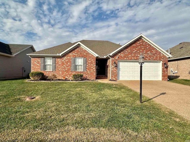 ranch-style house with a front yard and a garage