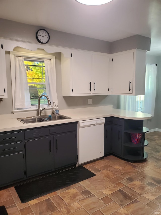 kitchen with sink, white cabinets, and white dishwasher