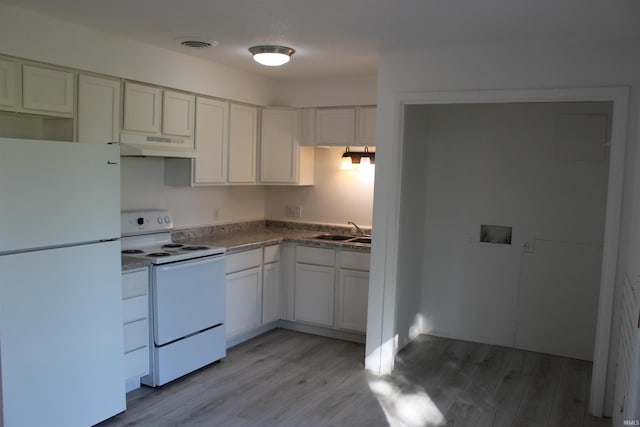 kitchen featuring white cabinetry, sink, light hardwood / wood-style floors, and white appliances