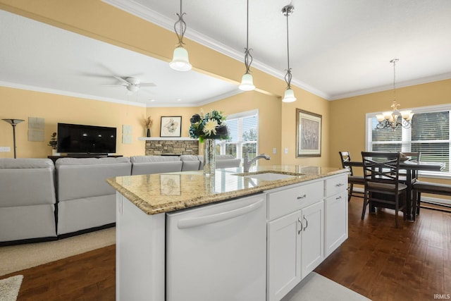 kitchen with white dishwasher, a kitchen island with sink, dark wood-type flooring, sink, and white cabinets