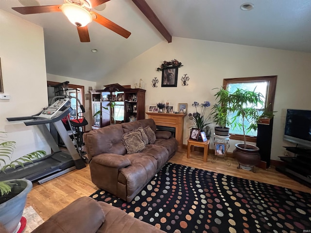 living room with hardwood / wood-style floors, lofted ceiling with beams, and ceiling fan