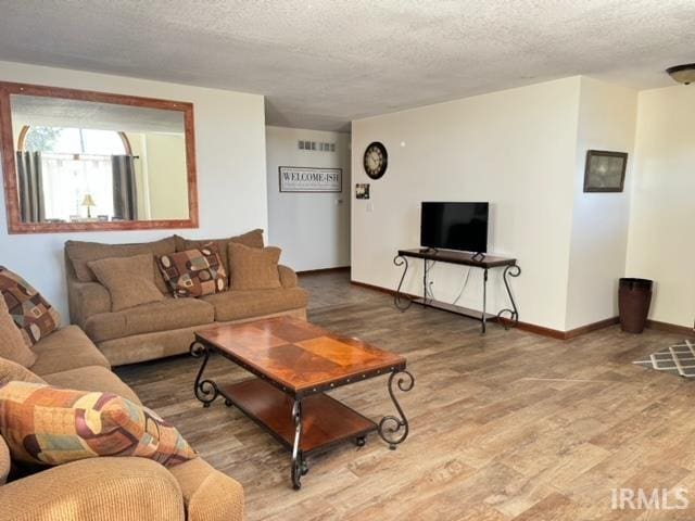 living room with hardwood / wood-style flooring and a textured ceiling