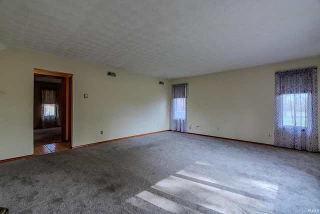 spare room featuring a textured ceiling, a wealth of natural light, and light colored carpet