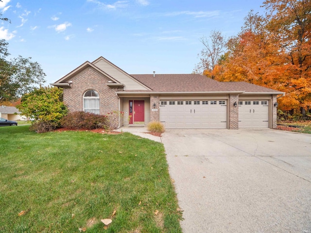 single story home with a garage and a front lawn