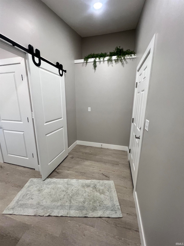 interior space with a barn door and light hardwood / wood-style floors