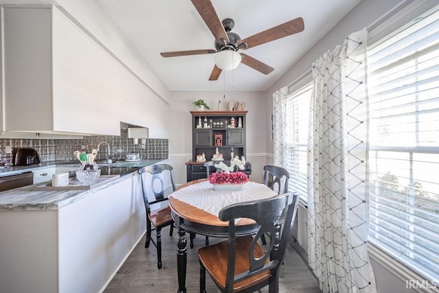 dining area featuring light hardwood / wood-style floors and ceiling fan