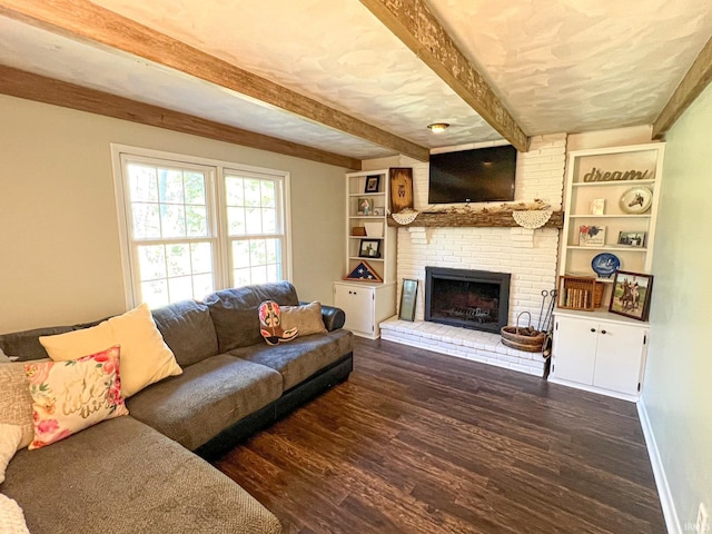 living room featuring a fireplace, beam ceiling, and dark hardwood / wood-style flooring