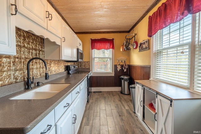 kitchen featuring a wealth of natural light, white cabinetry, and wood walls