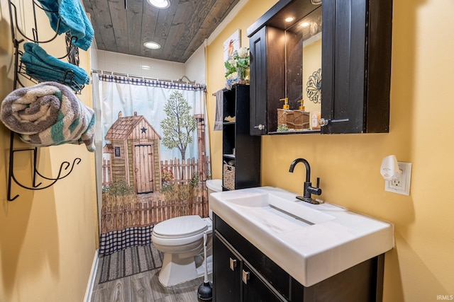 bathroom featuring hardwood / wood-style flooring, wooden ceiling, toilet, vanity, and a shower with shower curtain