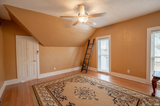 additional living space with hardwood / wood-style flooring, a textured ceiling, lofted ceiling, and a wealth of natural light