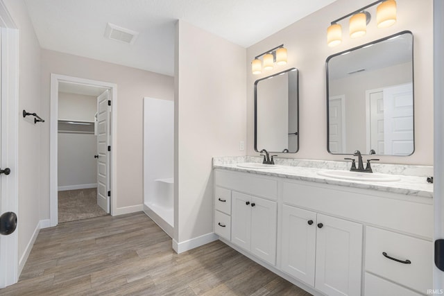 bathroom featuring vanity and wood-type flooring