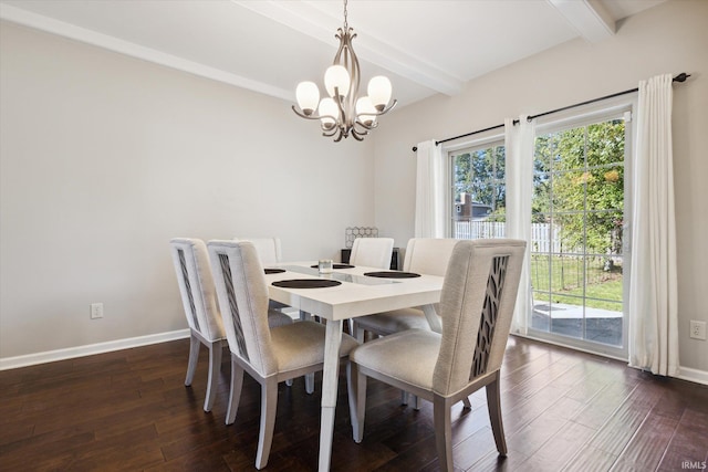 dining room with beam ceiling, a chandelier, and dark hardwood / wood-style flooring