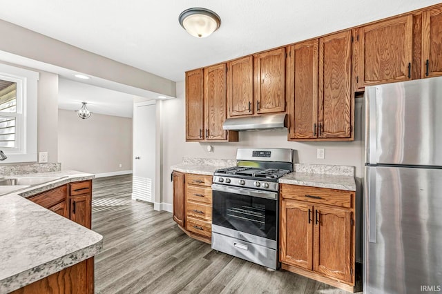 kitchen featuring stainless steel appliances, sink, and light wood-type flooring