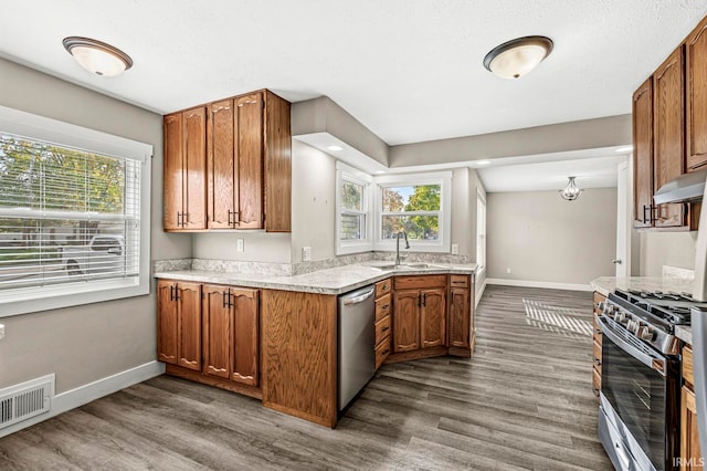 kitchen featuring sink, vaulted ceiling, appliances with stainless steel finishes, and dark hardwood / wood-style flooring