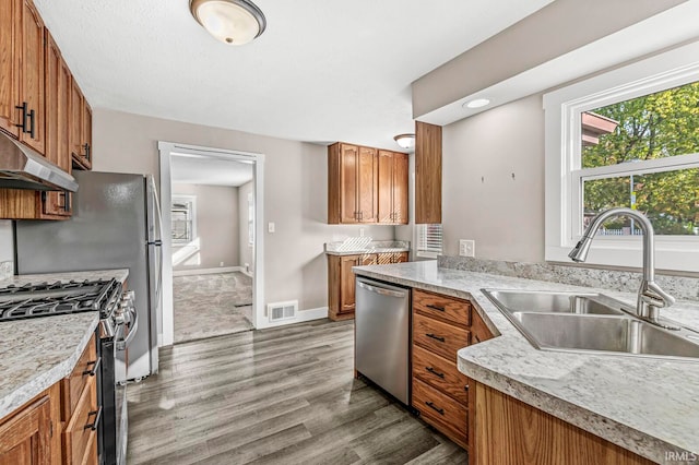 kitchen featuring sink, stainless steel appliances, exhaust hood, and dark hardwood / wood-style flooring