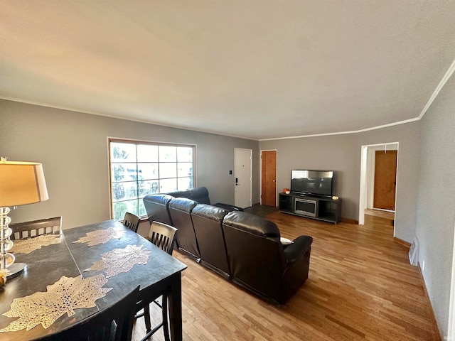 living room with light hardwood / wood-style flooring and ornamental molding