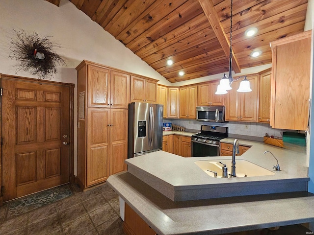 kitchen featuring wood ceiling, kitchen peninsula, sink, decorative light fixtures, and appliances with stainless steel finishes