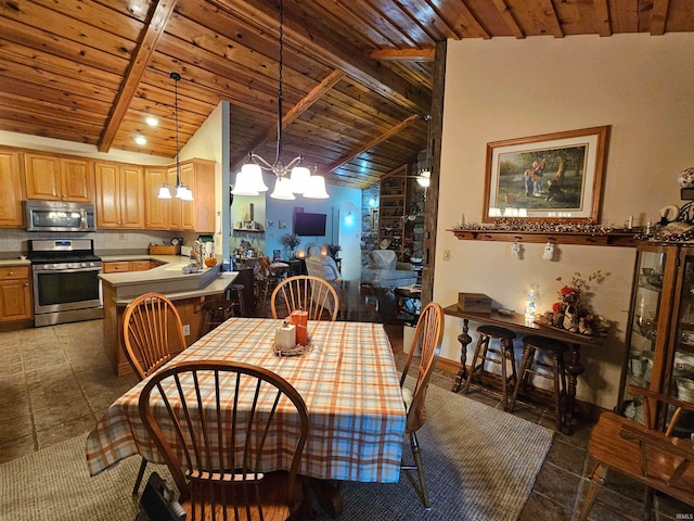 tiled dining room featuring a notable chandelier, wood ceiling, and lofted ceiling with beams