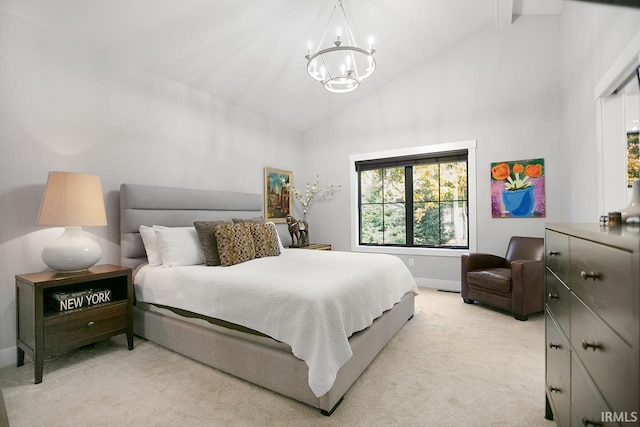 carpeted bedroom featuring beam ceiling, a notable chandelier, and high vaulted ceiling