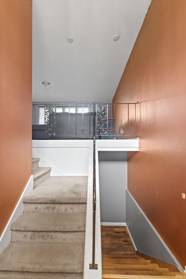 stairway featuring hardwood / wood-style floors