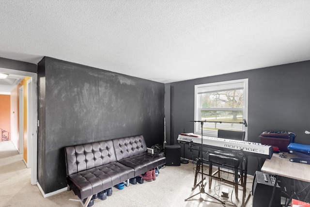 office area with a textured ceiling and light colored carpet