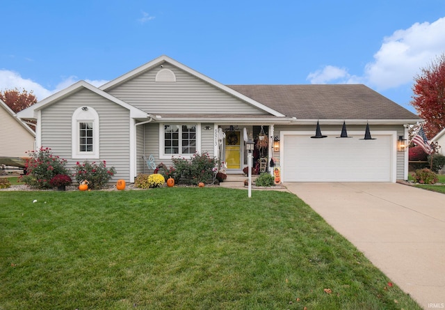 ranch-style home with a front lawn and a garage