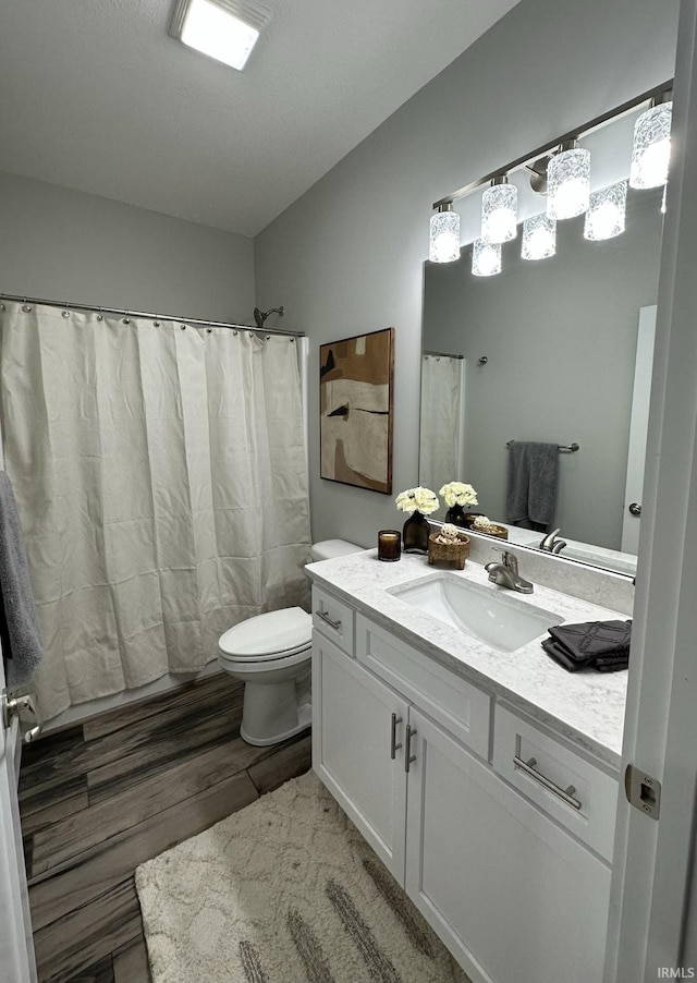 bathroom with vanity, toilet, wood-type flooring, and a shower with shower curtain