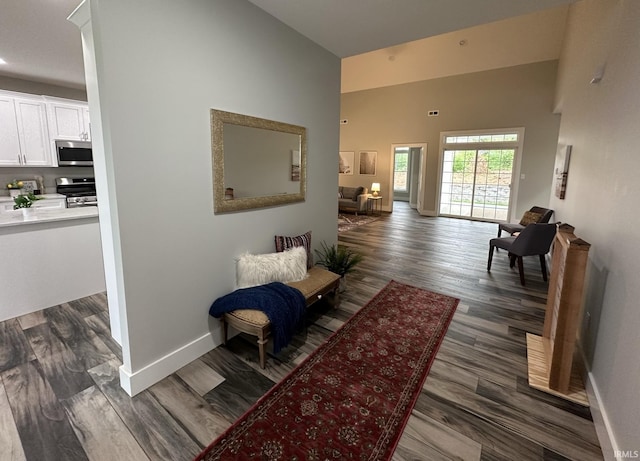 interior space featuring a towering ceiling and dark hardwood / wood-style flooring