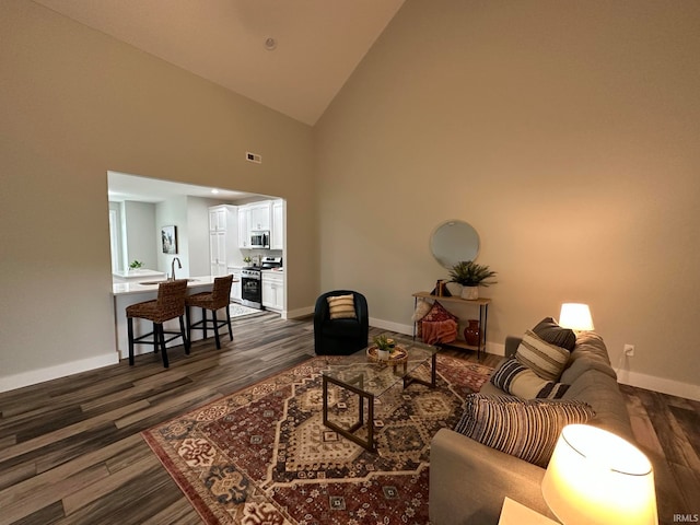 living room featuring sink, high vaulted ceiling, and dark hardwood / wood-style flooring