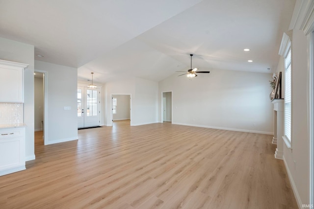 4848 Abbeyville Dr, Lafayette, IN 47909 - unfurnished living room featuring ceiling fan, light wood-style floors, baseboards, lofted ceiling, and recessed lighting