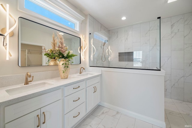 4848 Abbeyville Dr, Lafayette, IN 47909 - bathroom with marble look tiles, walk in shower, recessed lighting, and double vanity
