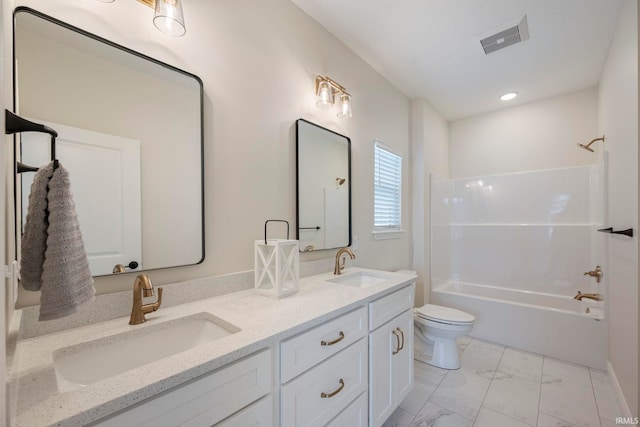 4848 Abbeyville Dr, Lafayette, IN 47909 - bathroom featuring marble finish floors, toilet, double vanity, shower / washtub combination, and recessed lighting