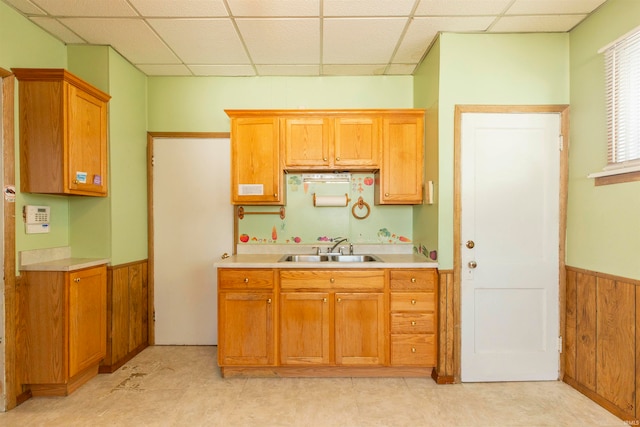 kitchen with sink, wooden walls, and a drop ceiling