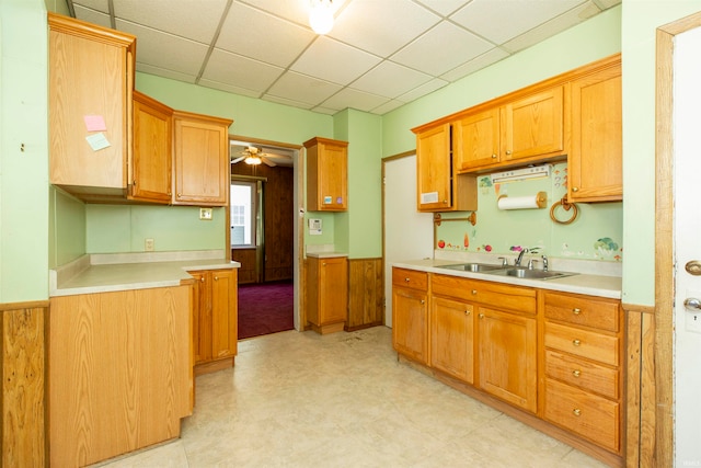 kitchen featuring a drop ceiling, sink, and ceiling fan