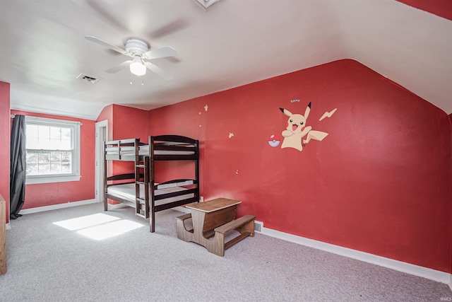 bedroom featuring lofted ceiling, light carpet, and ceiling fan