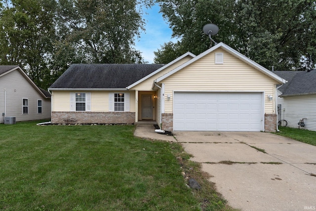 ranch-style home with a front lawn, central AC unit, and a garage