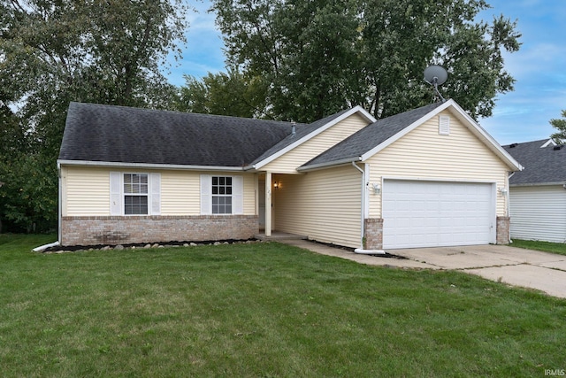 single story home featuring a front yard and a garage