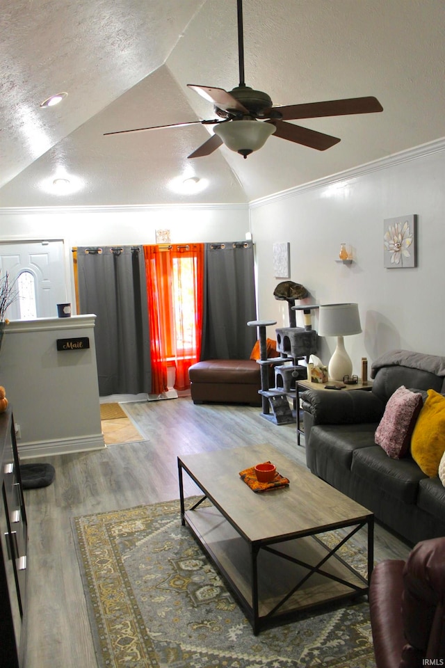 living room with crown molding, hardwood / wood-style flooring, and lofted ceiling