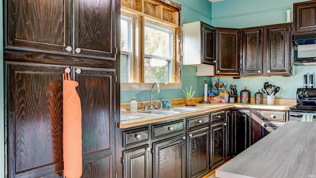 201 S 1st St, Holland, IN 47541 - kitchen featuring electric range, black microwave, light countertops, and dark brown cabinetry