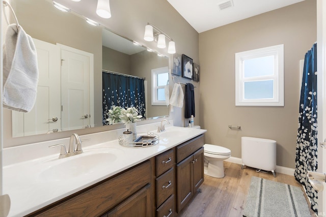 bathroom with vanity, toilet, and hardwood / wood-style floors