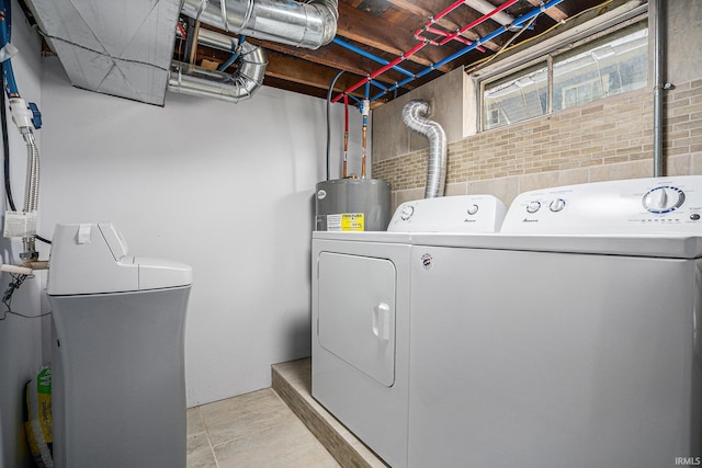 laundry room featuring water heater and washer and clothes dryer