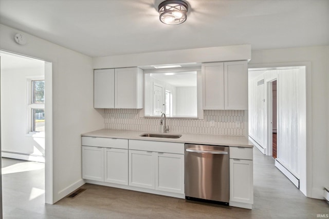 kitchen featuring white cabinets, a baseboard radiator, backsplash, stainless steel dishwasher, and sink